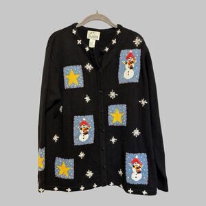 The Quacker Factory Holiday Embroidered Patchwork Button Up Cardigan Sweater L